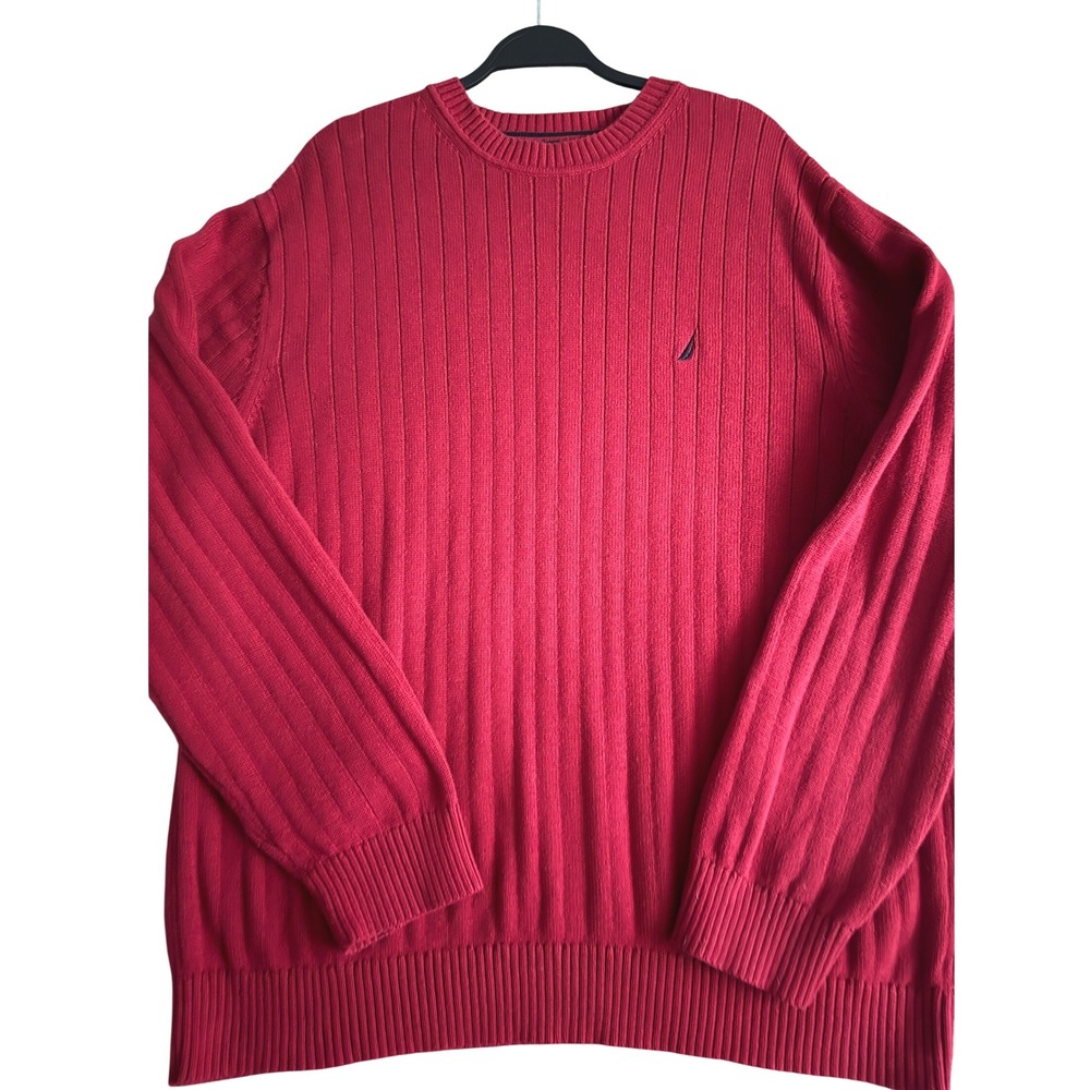 Nautica Mens XXL Red Ribbed Cotton Crewneck Sweater Long Sleeve J-Class Logo
